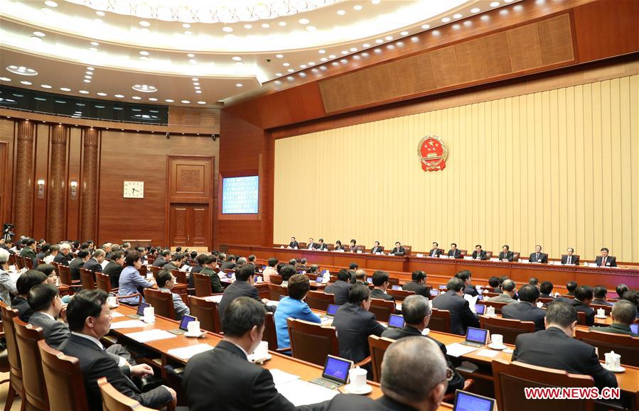 Zhang Dejiang, executive chairperson of the presidium for the fifth session of China's 12th National People's Congress (NPC) and chairman of the Standing Committee of the NPC, presides over the fourth meeting of the presidium for the fifth session of the 12th NPC at the Great Hall of the People in Beijing, capital of China, March 14, 2017. Zhang Dejiang, executive chairperson of the presidium for the fifth session of China's 12th National People's Congress (NPC) and chairman of the Standing Committee of the NPC, presides over the fourth meeting of the presidium for the fifth session of the 12th NPC at the Great Hall of the People in Beijing, capital of China, March 14, 2017.