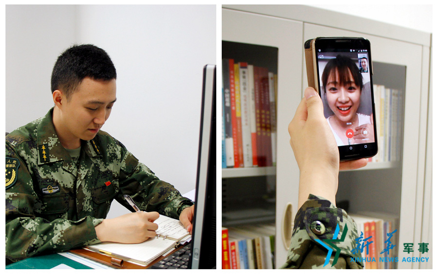 &uarr;陳德正，武警北京總隊(duì)七支隊(duì)某中隊(duì)指導(dǎo)員。七夕前夜堅(jiān)守在值班崗位上的他，在結(jié)束值班后給妻子打了個(gè)視頻電話，通過(guò)網(wǎng)絡(luò)表達(dá)著對(duì)妻子的愛(ài)意。閆星辰 攝