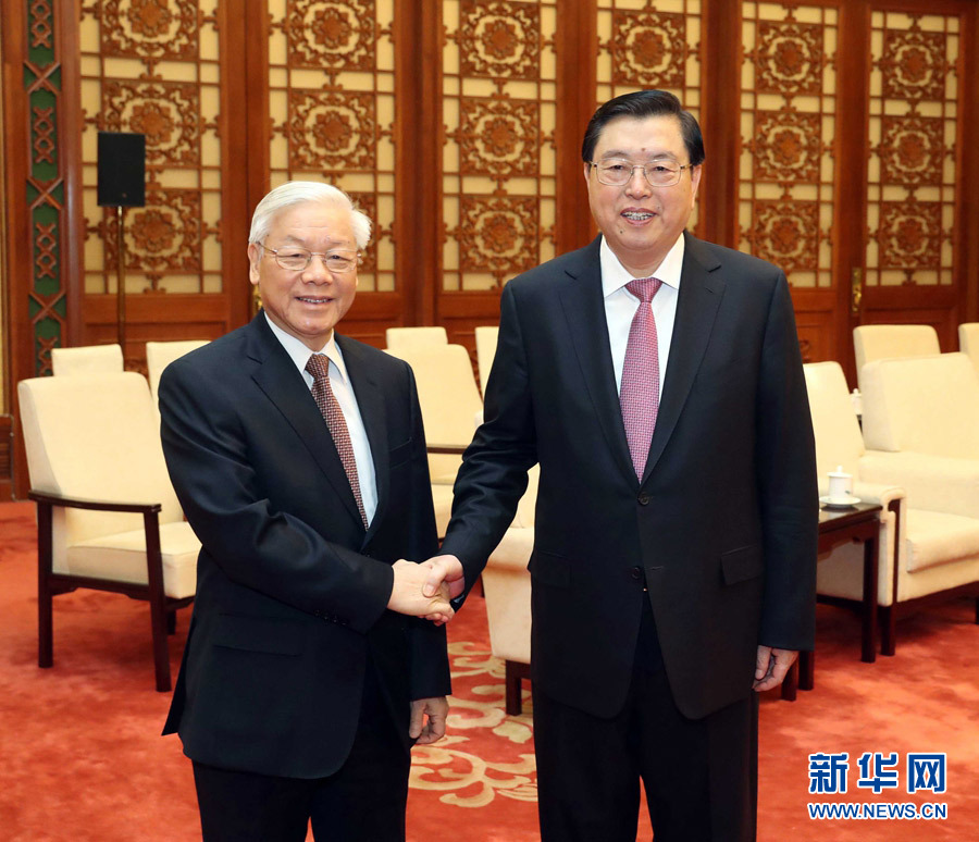 1月13日，中共中央政治局常委、全國人大常委會委員長張德江在北京人民大會堂會見越共中央總書記阮富仲。 新華社記者 劉衛(wèi)兵 攝