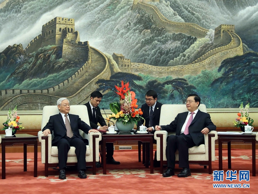 1月13日，中共中央政治局常委、全國人大常委會委員長張德江在北京人民大會堂會見越共中央總書記阮富仲。 新華社記者 劉衛(wèi)兵 攝