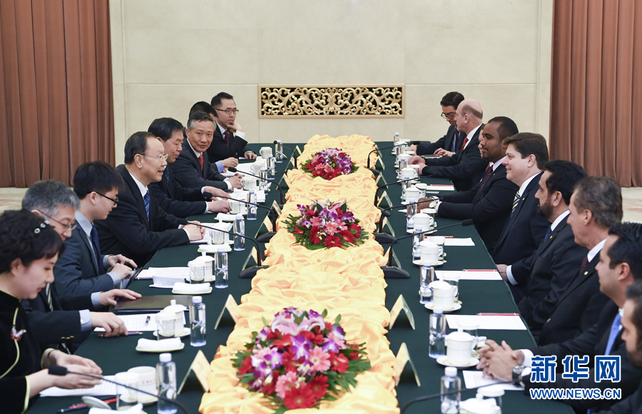 3月22日，中共中央書記處書記、全國政協(xié)副主席杜青林在北京會見巴西民主運動黨眾議院黨團領(lǐng)袖羅西率領(lǐng)的該黨干部考察團。 新華社記者張領(lǐng)攝