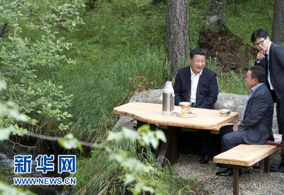 8月22日，國家主席習近平同蒙古國總統(tǒng)額勒貝格道爾吉在烏蘭巴托市郊的總統(tǒng)官邸再次會晤。這是習近平同額勒貝格道爾吉會晤后在溪畔飲茶。新華社記者 黃敬文 攝