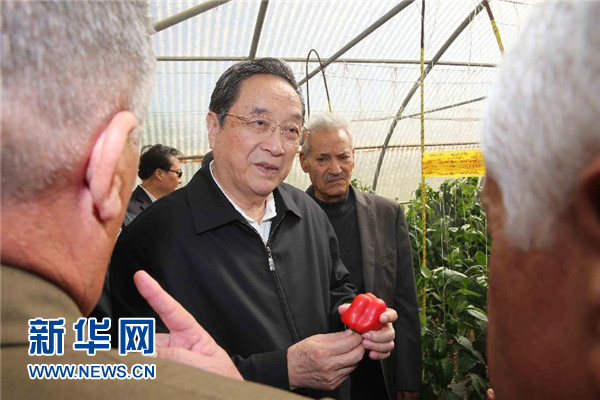 11月8日，正在約旦進(jìn)行正式友好訪問的全國政協(xié)主席俞正聲在約旦河谷參觀碩果農(nóng)業(yè)合作社。 新華社記者 劉衛(wèi)兵 攝 