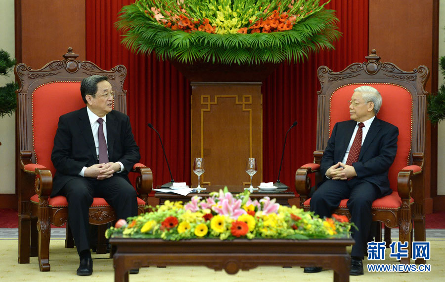 12月25日至27日，中共中央政治局常委、全國政協(xié)主席俞正聲對越南進(jìn)行正式訪問。這是12月26日，俞正聲在河內(nèi)會見越共中央總書記阮富仲。 新華社記者馬占成攝