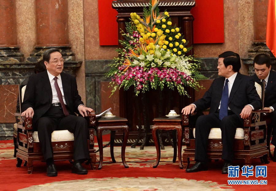 12月25日至27日，中共中央政治局常委、全國政協(xié)主席俞正聲對越南進(jìn)行正式訪問。這是12月26日，俞正聲在河內(nèi)會見越南國家主席張晉創(chuàng)。 新華社記者劉建生攝